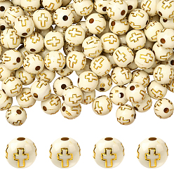 Бежевый 400 акриловые бусины с покрытием, золотой металл обвитыми, круглые с крестом, бежевые, 10 мм, отверстие : 2 мм