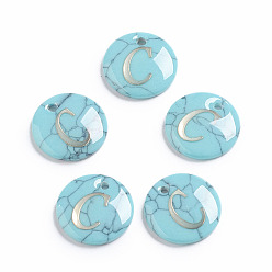 Letter C Synthetic Turquoise Charms, with Plastic Letter, Flat Round, Letter.C, 15x2mm, Hole: 1.5mm