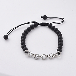 Black Agate Natural Black Agate Braided Bead Bracelets, with 304 Stainless Steel Rolo Chains and Nylon Thread, 1-7/8 inch~3-3/8 inch(4.9~8.5cm)