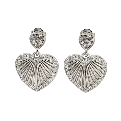 Платина Серьги-гвоздики из латуни в форме сердца с прозрачным фианитом и паве, платина, 23x16.5 мм