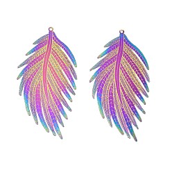 Rainbow Color Ионное покрытие (ip) 304 большие филигранные подвески из нержавеющей стали, гравированные металлические украшения, перо, Радуга цветов, 54x27x0.2 мм, отверстие : 1.2 мм