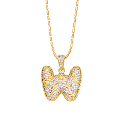 Letter W Brass Micro Pave Cubic Zirconia Pendant Necklaces, Golden, Letter W, 16.54 inch(42cm), Pendant: 24~30x13~22mm