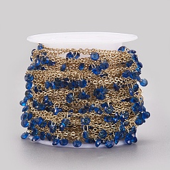Royal Blue Handmade Glass Beaded Chains, Soldered, with Spool, Brass Chain, Long-Lasting Plated, Golden, Royal Blue, 4x2mm, about 32.8 Feet(10m)/roll