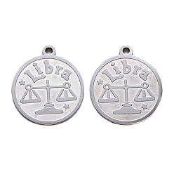 Libra Non-Tarnish 201 Stainless Steel Pendants, Flat Round with Twelve Constellation, Laser Cut, Stainless Steel Color, Libra, 25x22x1.5mm, Hole: 2mm