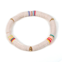 WhiteSmoke Handmade Polymer Clay Heishi Beads Stretch Bracelets, with Brass Spacer Beads, WhiteSmoke, Inner Diameter: 2-1/2 inch(6.3cm)