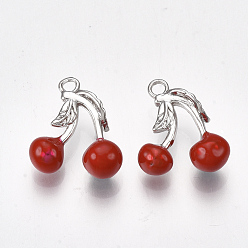 Платинированный Латунь прелести, с эмалью, вишня, красные, без никеля , Реальная платина, 14x13x5 мм, отверстие : 1.6 мм