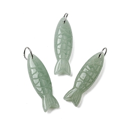 Зеленый Авантюрин Резные подвески из натурального зеленого авантюрина, рыбы прелести, с 304 кольцами из нержавеющей стали, цвет нержавеющей стали, 33.5~34.5x10.5x7~7.5 мм, отверстие : 7 мм