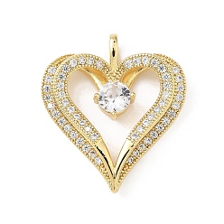 Настоящее золото 18K Латунные микропаве прозрачные подвески с фианитом, сердце, без свинца и без кадмия, долговечный, стойки покрытие, реальный 18 k позолоченный, 29x26.5x4.5 мм, отверстие : 3x4 мм