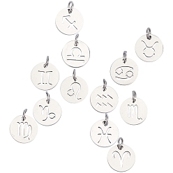 Нержавеющая Сталь Цвет 304 подвески из нержавеющей стали, лазерная резка, плоский круглый с созвездием / знак зодиака, цвет нержавеющей стали, 12x1 мм, отверстие : 3 мм, 12 созвездия, 1 шт / созвездие, 12 шт / коробка