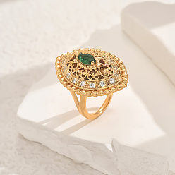 Зеленый Геометрические полые латунные микропаве регулируемые кольца для женщин, лошадиный глаз , золотые, зелёные, 31x20 мм, внутренний диаметр: регулируемый