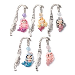 Mixed Color Mermaid Resin Pendant Bookmarks, with Synthetic Crackle Quartz Bead, Mixed Color, 78.5mm