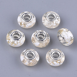 White Resin European Beads, Large Hole Beads, with Silver Color Plated Brass Cores, Rondelle, White, 14x8.5~9mm, Hole: 5mm