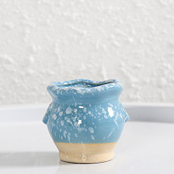 Light Sky Blue Mini Ceramic Succulent Planter Pots, with Holes, Thumb Small Flowerpot Ornaments for Office Home Desktop Decor, Light Sky Blue, 65x55mm, Bottleneck: 55mm