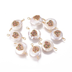 Разноцветный Соединители звеньев натурального жемчуга, с кубического циркония и латуни выводов, плоско-круглые с сердцем, золотые, красочный, 22~25x13~15x7~10 мм, отверстие : 1.6 мм