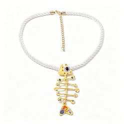 Light Yellow Summer Beach Alloy Enamel Fishbone Pendant Twisted Polyester Cord Pendant Necklaces for Women, Golden, Light Yellow, 18.50 inch(47cm)