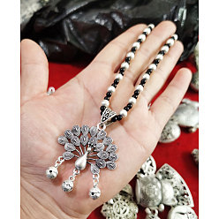 Peacock Этнический стиль сплав подвеска пластик имитация жемчуга бусины ожерелья, античное серебро, черно-белые, павлин, 29.92 дюйм (76 см)