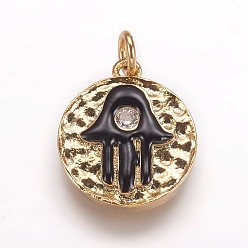 Золотой Забитые латунные подвески, с эмалью и фианитами, плоский круглый с hamsa рука / рука fatima, золотые, 17x14.5x3 мм, отверстие : 3 мм