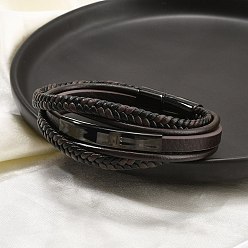 Черный Ионное покрытие(ip) плетеный кожаный шнур многорядные браслеты для мужчин, с 316 хирургической нержавеющей стальной полированной пряжкой и 304 нержавеющей стальной фурнитурой, чёрные, 8 дюйм (20.3 см)