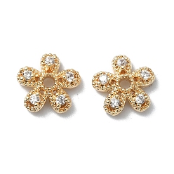 Real 18K Gold Plated Brass Micro Pave Cubic Zirconia Bead Cap, Cadmium Free & Nickel Free & Lead Free, Flower, Real 18K Gold Plated, 9x9.5x3mm, Hole: 1.6mm