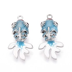 Небесно-голубой Латунь эмаль подвески, талисман золотой рыбки, Реальная платина, голубой, 27.5x14.5x10 мм, отверстие : 1.6 мм