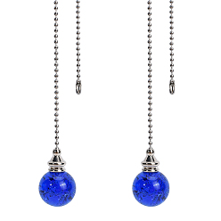 Medium Blue Round Natural Quartz Crystal Pendants, with Platinum Plated Iron Ball Chains, Medium Blue, 545mm