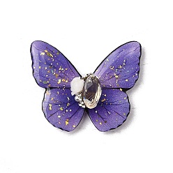 Сине-фиолетовый Прозрачные эпоксидные смолы кабошоны, бабочка, с золотой фольгой, стразами, искусственным жемчугом из АБС, магнитом и бумажной карточкой, синий фиолетовый, 32x39.5x11 мм