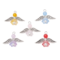 (52) Непрозрачная лаванда Подвески из перламутровых стеклянных бусин, ангел и цветок, с бусиной из натурального и окрашенного малайзийского нефрита, с крыльями из сплава и медной проволокой, разноцветные, 23x32x10 мм, отверстие : 3 мм