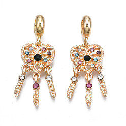 Light Gold Rack Plating Alloy European Dangle Charms, with Colorful Rhinestone, Large Hole Pendants, Cadmium Free & Nickel Free & Lead Free, Woven Net/Web with Feather, Light Gold, 36.5mm, Hole: 5mm, Feather: 12.5x2.5x3.5mm