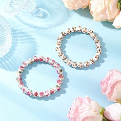 Mixed Color 2Pcs Handmade Flower Printed Porcelain Ceramic Beaded Stretch Bracelets, Round, Mixed Color, Inner Diameter: 2-3/8 inch(6.1cm)