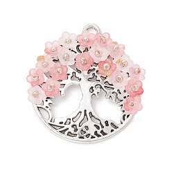 Розовый Подвески из сплава , с акриловыми и стеклянными бусинами, плоские круглые с дерева жизни, туманная роза, 39x37x6.5 мм, отверстие : 3.2 мм