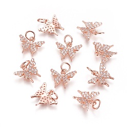 Розовое Золото Латунные микро проложить кубического циркония прелести, долговечный, бабочка, прозрачные, розовое золото , 11x13x2 мм, отверстие : 3.5 мм