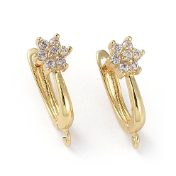Золотой Серьги-кольца из латуни с микропаве из кубического циркония с застежкой сзади, с горизонтальной петлей, цветок, прозрачные, золотые, 19x7x14 мм, отверстие : 1.2 мм, штифты : 1 мм