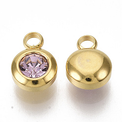Розовый Горный хрусталь прелести, очарование камня в октябре, с 201 нержавеющей стали, плоско-круглые, золотые, светло-розовый, 9x6.5x4 мм, отверстие : 1.8 мм