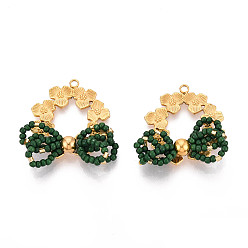 Темно-Зеленый 304 подвески из нержавеющей стали, клевер и бант, со стеклянными бисеринами, реальный 18 k позолоченный, ионное покрытие (ip), темно-зеленый, 27~29x26~29x6.5~8 мм, отверстие : 1.8 мм