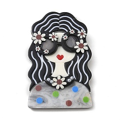 Black Girl with Wavy Hair & Sunglasses Acrylic Portrait Brooches for Backpack Clothes, with 304 Stainless Steel Pins, Black, 69x44mm