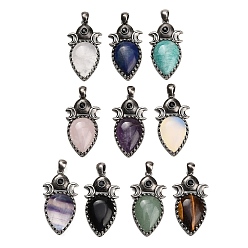 Mixed Stone Natural & Synthetic Mixed Stone Pendants, Brass Rhinestone Triple Moon Teardrop Bezeled Charms, Antique Silver, Mixed Dyed and Undyed, 44x24x7mm, Hole: 5x5mm
