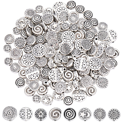 Antique Silver 160Pcs 8 Styles Tibetan Style Alloy Beads, Flat Round, Antique Silver, 7~11x7~11x3~4mm, Hole: 1.4~2mm, 20pcs/style