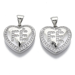 Platinum Brass Micro Pave Clear Cubic Zirconia Pendants, with Brass Snap on Bails, Nickel Free, Heart, Real Platinum Plated, 17x17x4mm, Hole: 5x3mm