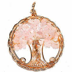 Розовый Кварц Естественно розового кварца большие кулоны, медная проволока, обернутая в плоском виде, с подвесками в виде деревьев, 50 мм