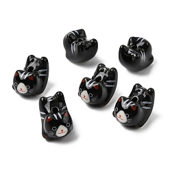 Черный Фарфоровые бусины ручной работы, форма кошки, напечатанный, чёрные, 21x16x17 мм, отверстие : 3 мм