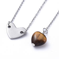 Ojo de Tigre Conjuntos de collares y collares con lazo de corazón, con colgantes de ojo de tigre natural, 304 enlaces de acero inoxidable, cadenas portacables y cierres, collares pendientes: 15.74 pulgada (40 cm), collares de lazo: 19.68 pulgada (50 cm), 2 PC / sistema