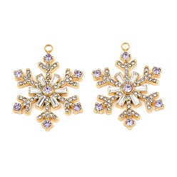 Tanzanite 304 Stainless Steel Rhinestone Pendants, Snowflake Charms, Ion Plating(IP), Real 18K Gold Plated, Tanzanite, 29x23x4mm, Hole: 1.8mm