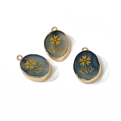 Цветок Окрашенные натуральные синие агатовые подвески, Овальные подвески с золотыми латунными пластинками, цветок, 23~24x14~16 мм