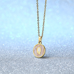 Letter Q Плоские круглые ожерелья с инициалами из нержавеющей стали с натуральными белыми ракушками для женщин, золотые, цвет морской раковины, Буква Q, 18.11 дюйм (46 см)