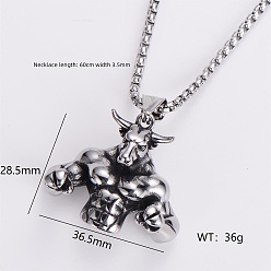 Cattle Gothic 316 Surgical Stainless Steel Pendant Box Chain Necklaces for Men, Silver Color Plated, Cattle, 23.62 inch(60cm)