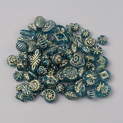 Turquoise Plating Transparent Acrylic Beads, Golden Metal Enlaced, Mixed Shape, Turquoise, 9~30x7~30x3~12mm, Hole: 1~3mm, about 50~60pcs/bag