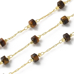 Тигровый глаз Латунные цепные цепи, с натуральным тигровый глаз бисером, ионное покрытие (ip), пайки, реальный 18 k позолоченный, с катушкой, 10.5x4.5 мм, 10 м / рулон