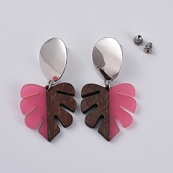 Pink Ear Studs, with 304 Stainless Steel Findings, Brass Findings and Resin & Wood Pendants, Tropical Leaf Charms, Monstera Leaf, Pink, 54~56mm, Pin: 0.7mm