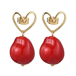 Золотой Серьги-гвоздики с подвесками из искусственного жемчуга в форме сердца, с фурнитурой латунной для серег, золотые, 28.5x13 мм