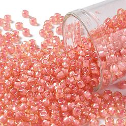 (956) Inside Color Jonquil/Coral Lined Тохо 8/0 круглые бусины, японский бисер, (956) внутри цвета жонкил / коралловая подкладка, 3 мм, отверстие : 1 мм, Около 1110 шт / 50 г